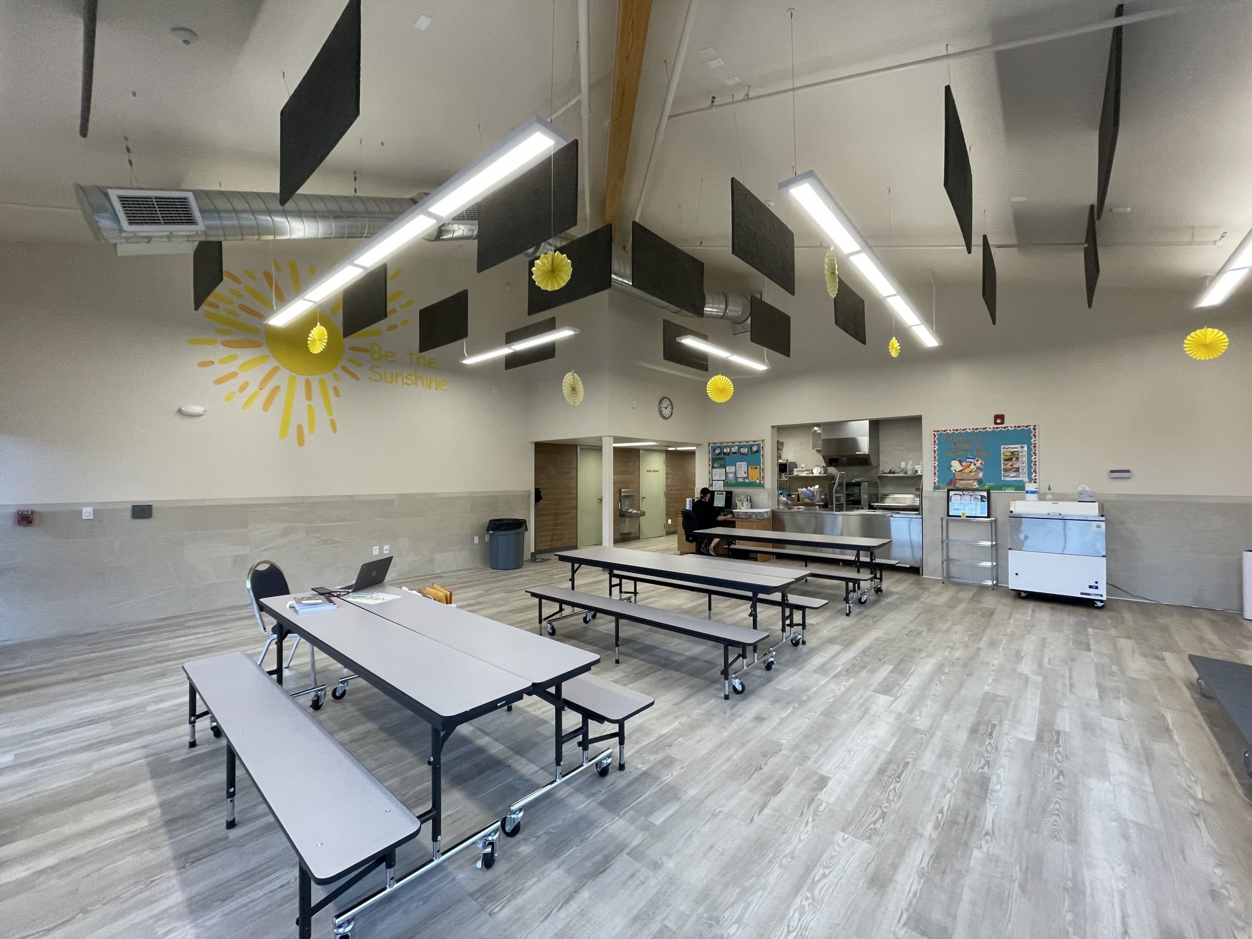 Wide angle view of the newly remodeled lunchroom.