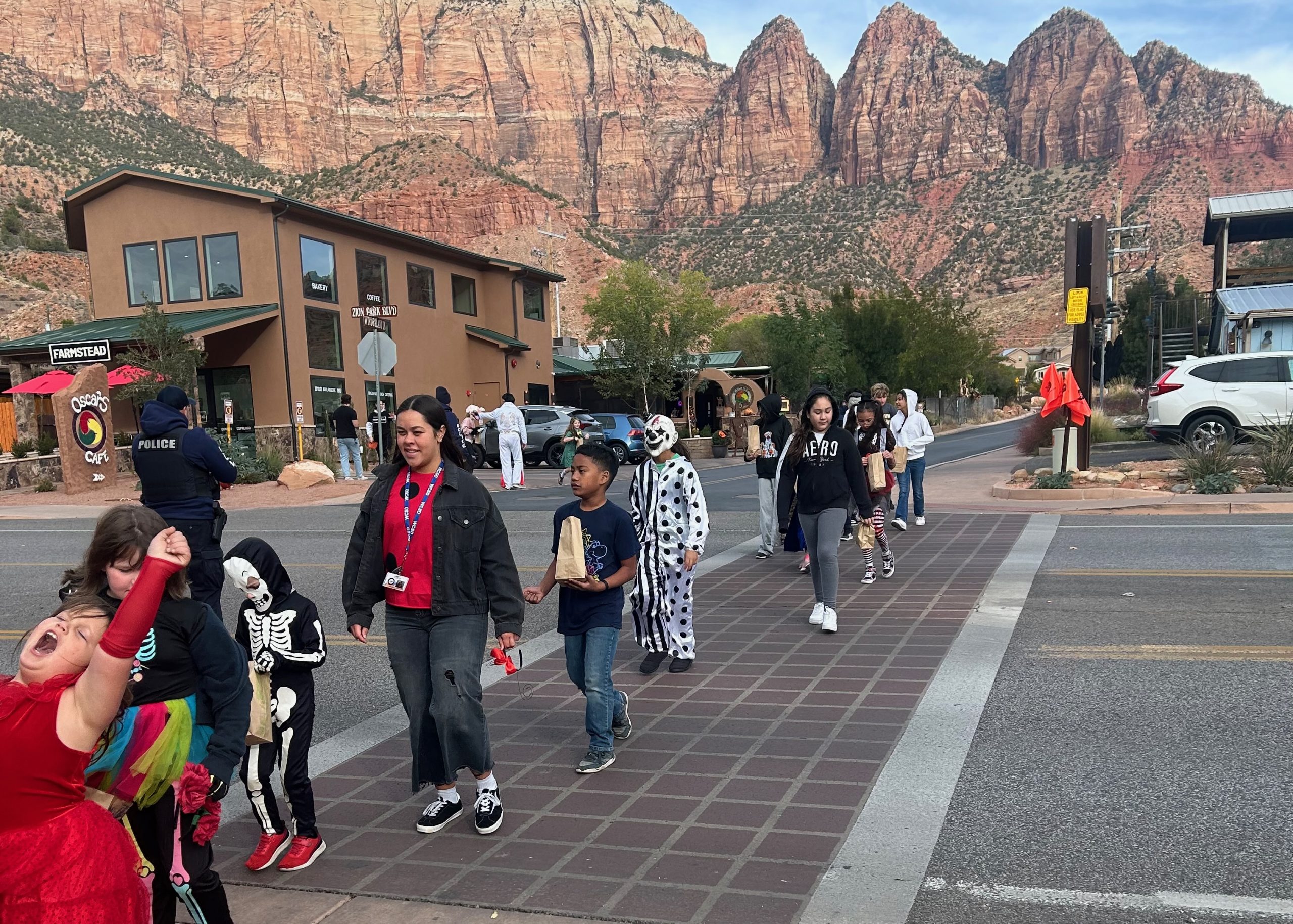 School Halloween Parade Crossing the Street